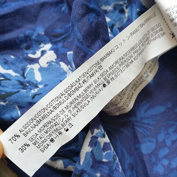 Zara Top Blouse Tunic Woman L/M*Blue Floral Silk Blend Long Sleeve Keyhole - Picture 10 of 11